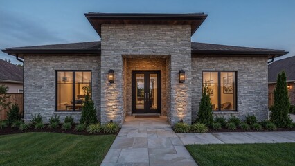 Front view of a modern dwelling with grey stone cladding