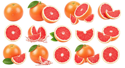 Naklejka premium Set of grapefruit png images. Concept clipart of isolated fruit, juicy fruit, advertising of juices, menus and stores.