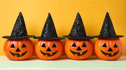 Four grinning jack o lanterns wearing sparkly black witch hats lined up against a vibrant orange background