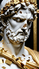 Luxury Marble Bust with Fragmented Gold Leaf Accents in Dramatic Lighting for Fine Art Exhibitions, High-End Interior Design, and Modern Classical Branding Concepts, Greek God, Stoic, Bodybuilding