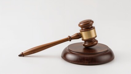 Courtroom judge's hammer placed on a plain white background