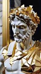 Luxury Marble Bust with Fragmented Gold Leaf Accents in Dramatic Lighting for Fine Art Exhibitions, High-End Interior Design, and Modern Classical Branding Concepts, Greek God, Stoic, Bodybuilding