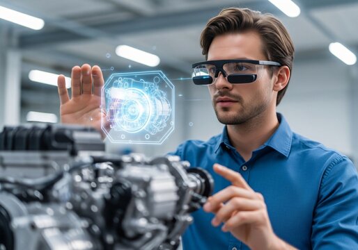 Engineer Using Augmented Reality Smart Glasses to Inspect Engine Design