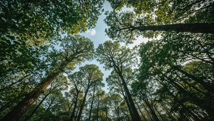 Obraz premium Dense woodland with tall trees during spring or early summer