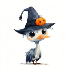 Naklejka premium Adorable Baby Bird in Witch Hat with Pumpkin for Halloween Cute Cartoon Illustration