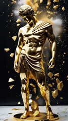 Luxury Marble Bust with Fragmented Gold Leaf Accents in Dramatic Lighting for Fine Art Exhibitions, High-End Interior Design, and Modern Classical Branding Concepts, Greek God, Stoic, Bodybuilding