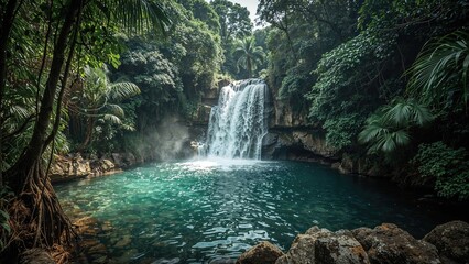 Fototapeta premium Crystal clear blue pond below waterfalls in a vibrant rainforest setting