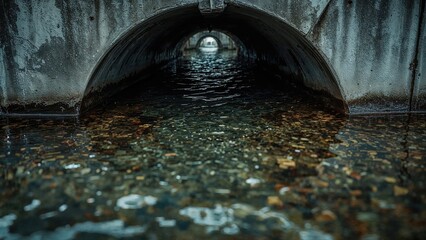 Stormwater runoff with sheen flowing through a fully loaded concrete culvert