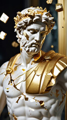 Luxury Marble Bust with Fragmented Gold Leaf Accents in Dramatic Lighting for Fine Art Exhibitions, High-End Interior Design, and Modern Classical Branding Concepts, Greek God, Stoic, Bodybuilding