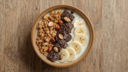 Ceramic bowl filled with plain yogurt, granola, dark chocolate, hazelnuts, and sliced banana, set on a wooden table for a nourishing meal or treat. Clean eating recipes.