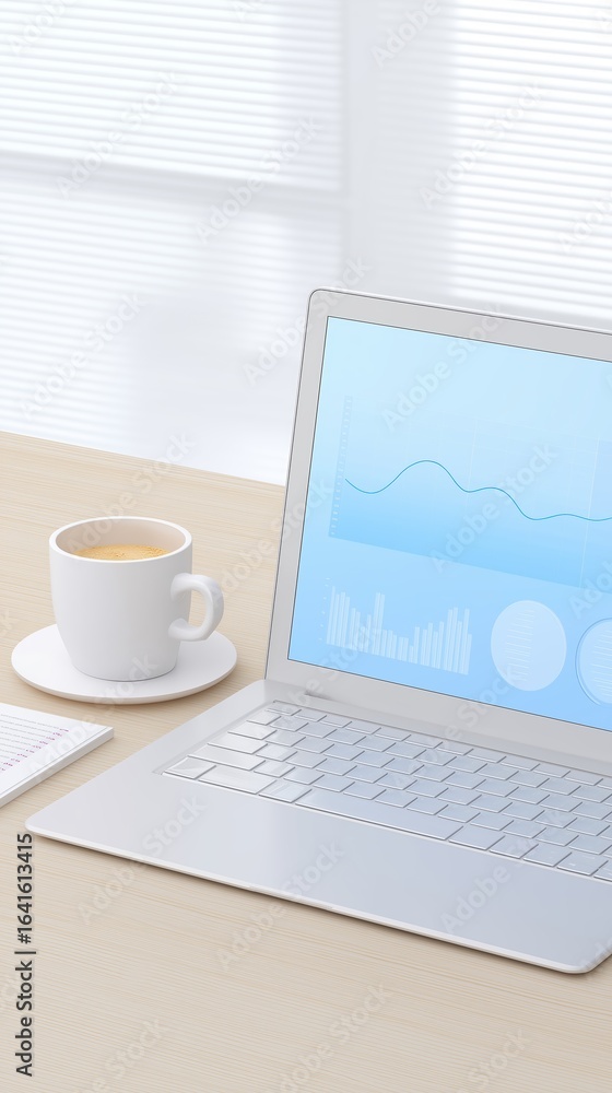 Poster modern workspace featuring a laptop displaying data analytics, a cup of coffee on a saucer, and a no