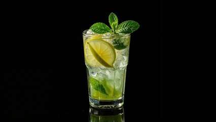 Lemonade with fresh pear and mint accents, dramatically shadowed against a black backdrop, merging taste and style.