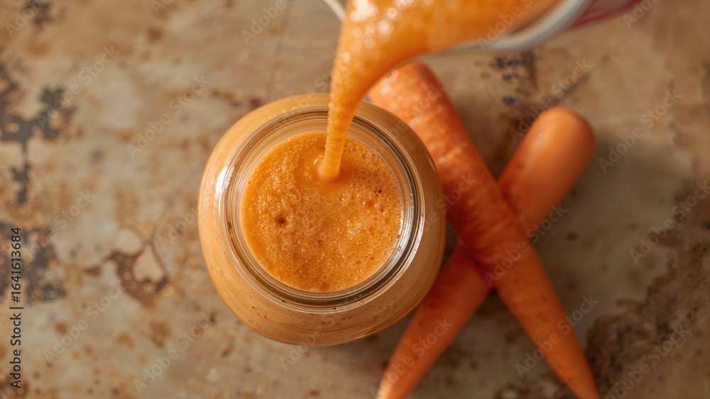 Poster nutritious carrot drink served in a glass jar with fresh carrots on a rustic wooden surface. shallow