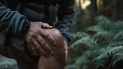 Fototapeta premium A man holding his knee in a forest setting with ferns and trees in the background on a sunny day