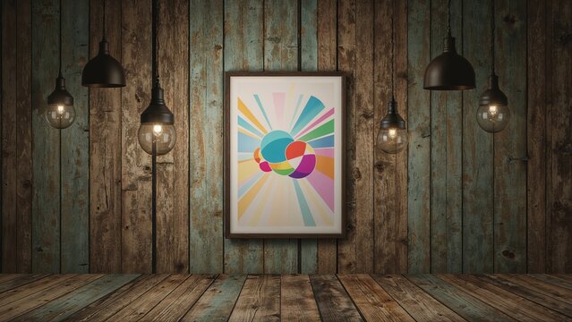 Light fixture dangling above rustic wooden surface with a display poster