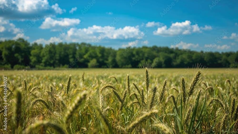 Poster wheat field during spring under a bright blue sky with trees in the background