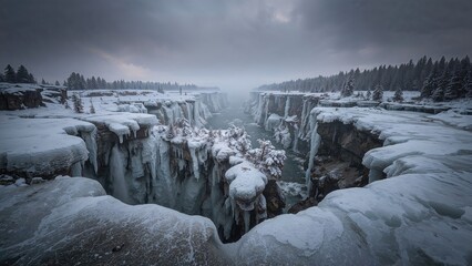 Winter scene of a chilly gorge with a somber atmosphere