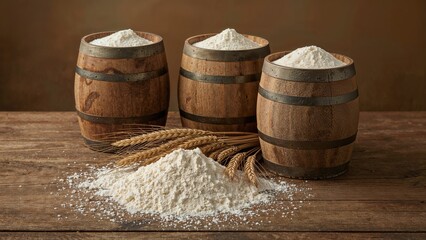 Concept of grain production and food with containers of flour, sifted flour, and wheat arranged on a table. Perfect background for advertising.
