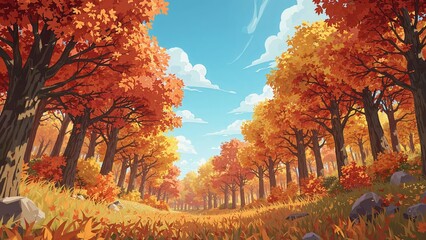 AI-generated cartoon illustration showcasing a fall landscape filled with trees