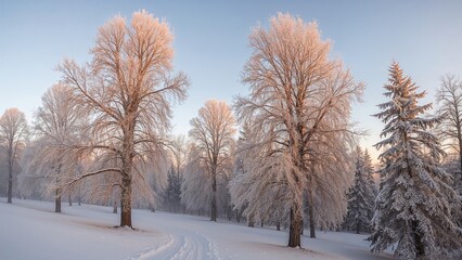 Early light shining through a cold forest