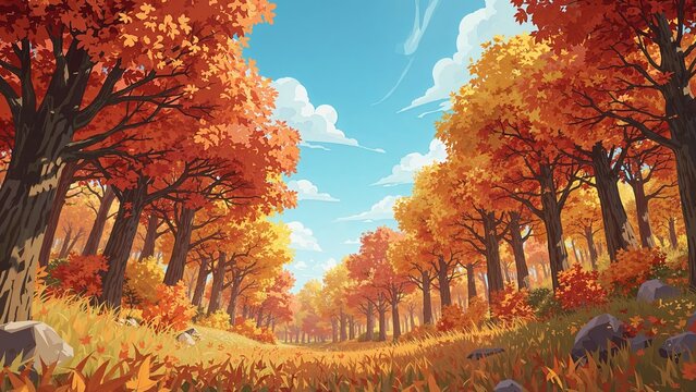 AI-generated cartoon illustration showcasing a fall landscape filled with trees - Powered by Adobe