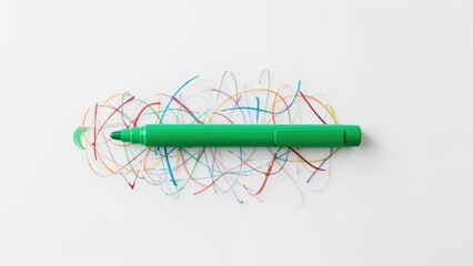 Isolated green writing instrument with various doodles and scribbles on a clean white background, showcasing real shadows and space for text, seen from above