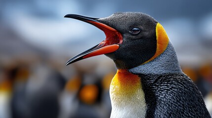 A close-up of a penguin with a striking orange and yellow neck, vocalizing against a blurred background of its colony.