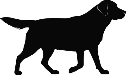 Silhouette of walking Labrador dog, side profile, black dog figure, pet illustration, retriever shape, white background design