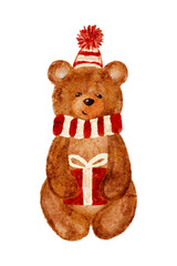 Cute teddy bear in winter hat and scarf holding Christmas gift clip art. Vector illustration