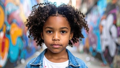 Young Girl with Curly Hair in Urban Alley Surrounded by Graffiti