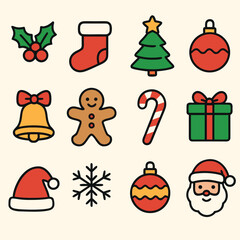 Festive Holiday Cheer A Collection of Christmas Icons Depicting Classic Symbols of the Season in a Simple and Clean Style