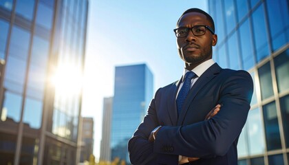Confident businessman standing in urban setting with sunlight glow