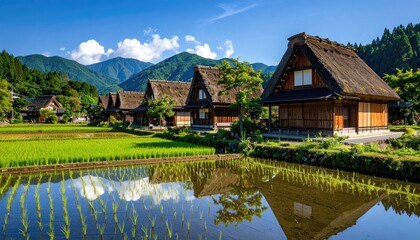Serene Japanese Village with Traditional Houses and Green Rice Fields
