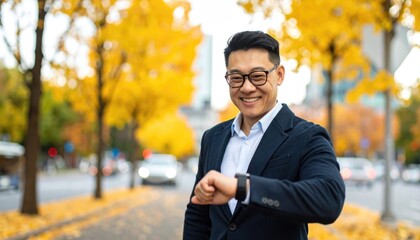 Person Checking Watch in Autumn Park with Yellow Leaves Surrounding