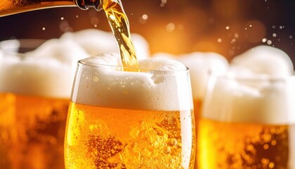 Pouring cold beer into glass with foam and bubbles in bar background
