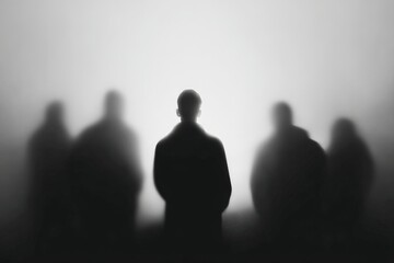 Silhouetted Figures in a Foggy Scene, Mysterious Gathering, Dark Mood, Overcast Day, Standing