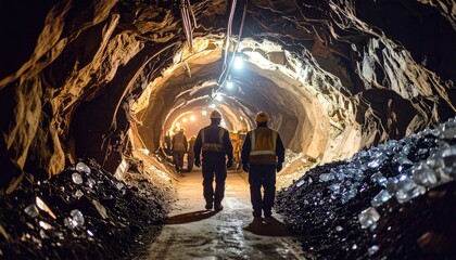 Workers Exploring a Well-Lit Underground Tunnel in a Mining Operation