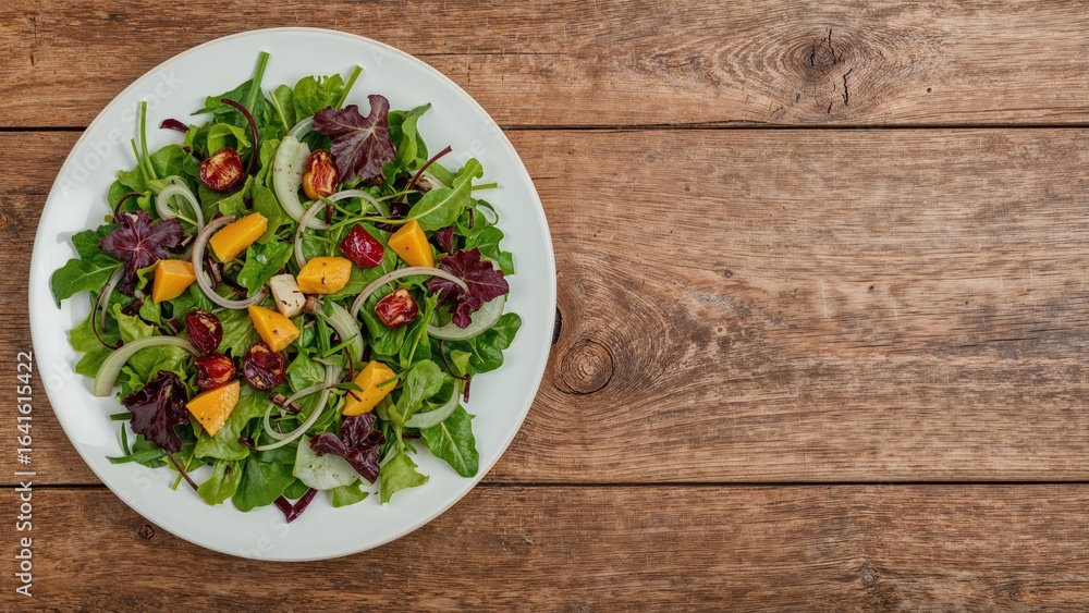 Poster colorful salad combining fruits and greens set on wooden backdrop with empty space for text