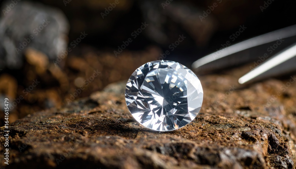 Poster brilliant diamond on rough surface with scissors in background