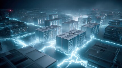 Futuristic Data Center Visualization with Electric Arcs, Illustrating High Technology and Digital Connectivity