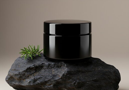 A minimalist product shot of a black cream jar on a large stone with a small green plant sprig.