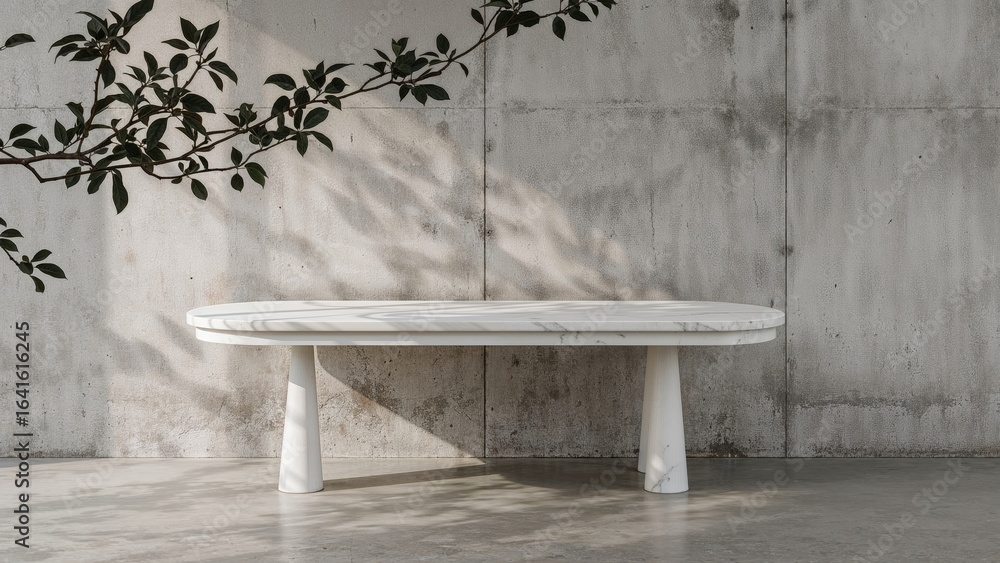 Aufkleber textured concrete background with a white marble table casting tree shadows, suitable for product pr