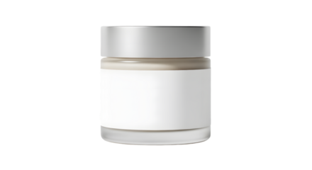 A cosmetic cream jar with a blank white label and silver lid, isolated on transparent background