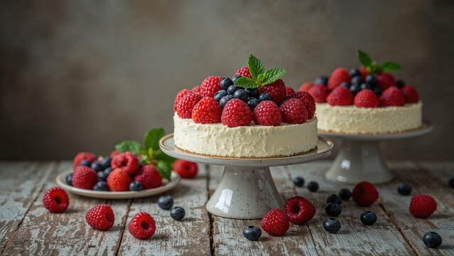 Freshly made fruit confection combining custard, raspberries, blueberries, and rubus