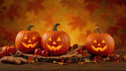 Jack-o'-lanterns with carved pumpkin faces displayed on a surface with a vibrant backdrop