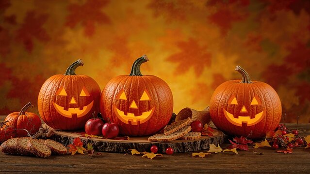 Jack-o'-lanterns with carved pumpkin faces displayed on a surface with a vibrant backdrop
