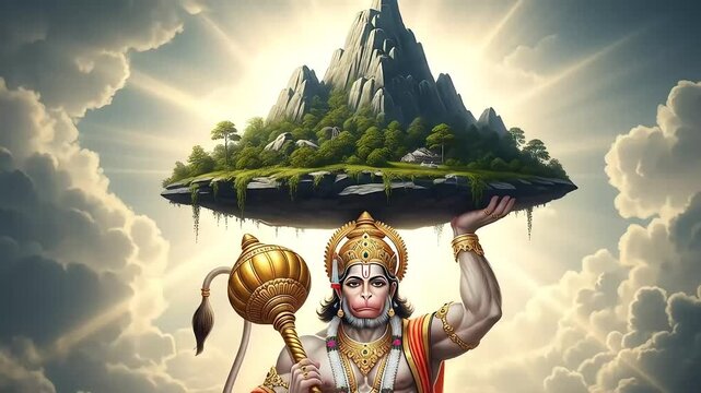 Hanuman the mighty monkey god effortlessly carries a mountain