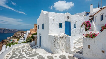 Naklejka premium Ancient white and blue home showcasing traditional construction