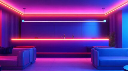 Futuristic lounge bar interior design with neon lights illuminating sofas and counter - Powered by Adobe