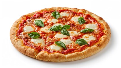 Mozzarella and tomato Margherita pizza with fresh basil on a thick, flame-grilled biscuit base